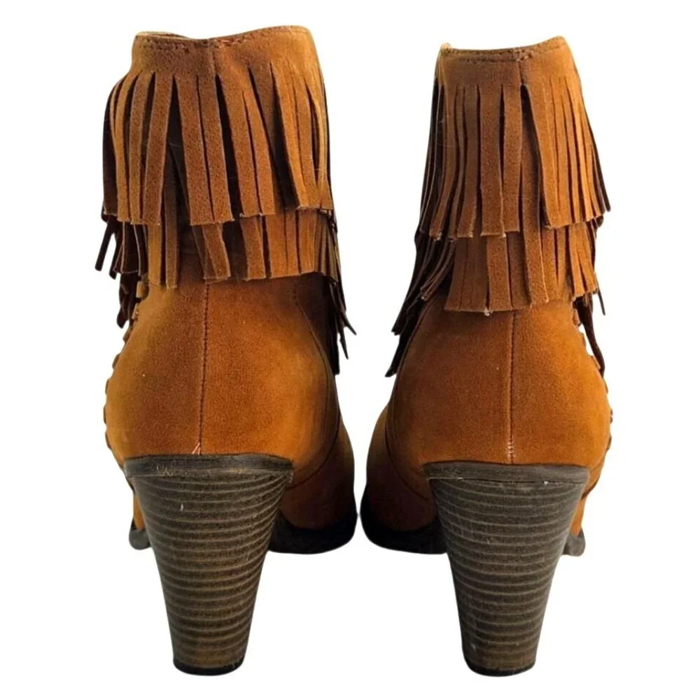 Nature Breeze Tan Faux Suede Double Fringe  Dallas 03 Western Ankle Boots Sz 9 - Picture 4 of 7